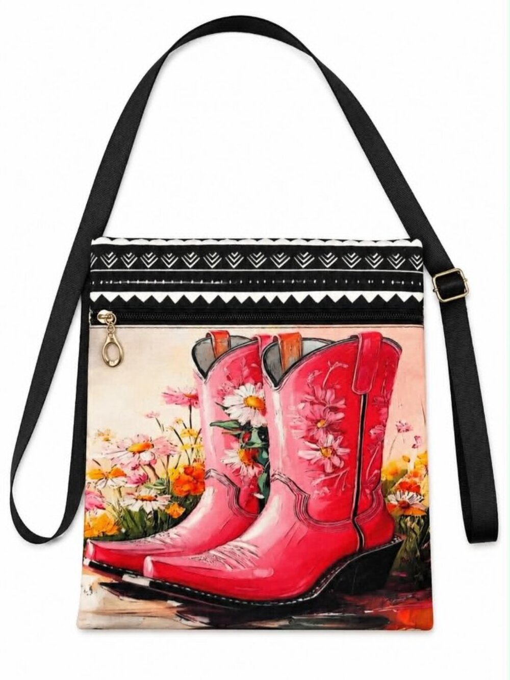 Pink Floral Cowgirl Boots Crossbody Bag with Adjustable Black Strap